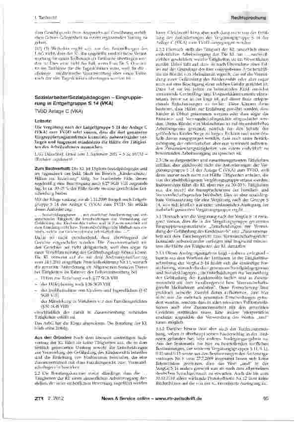 Vorschauseite 1: Sozialarbeiter/Sozialpädagogen - Eingruppierung in Entgeltgruppe S 14 (VKA)TVöD Anlage C (VKA)