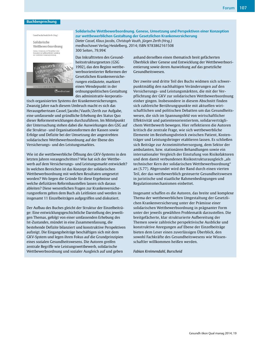 Vorschauseite 1: Buchbesprechung? Solidarische Wettbewerbsordnung. Genese, Umsetzung und Perspektiven einer Konzeption zur wettbewerblichen Gestaltung der Gesetzlichen Krankenversicherung