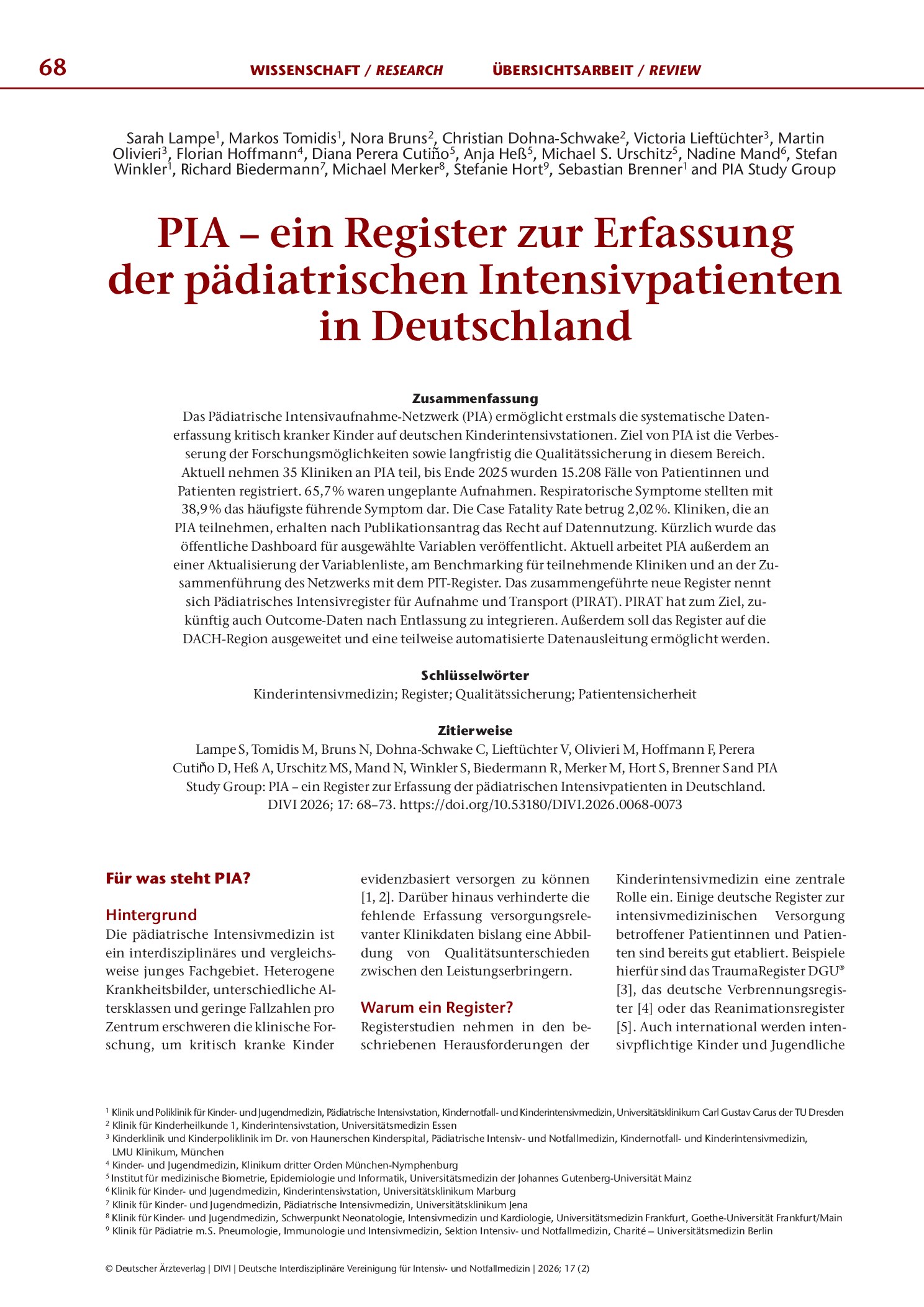 Vorschauseite 1: PIA – ein Register zur Erfassung der pädiatrischen Intensivpatienten in Deutschland