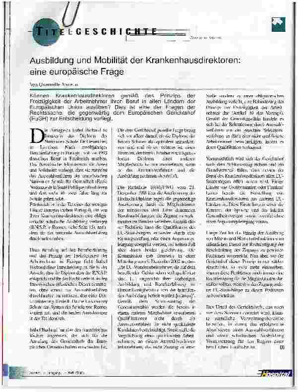 Vorschauseite 1: Ausbildung und Mobilität der Krankenhausdirektoren: eine europäische Frage