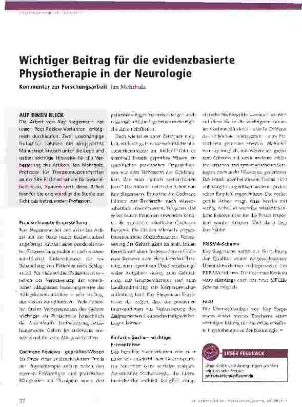 Vorschauseite 1: Wichtiger Beitrag für die evidenzbasierte Physiotherapie in der Neurologie