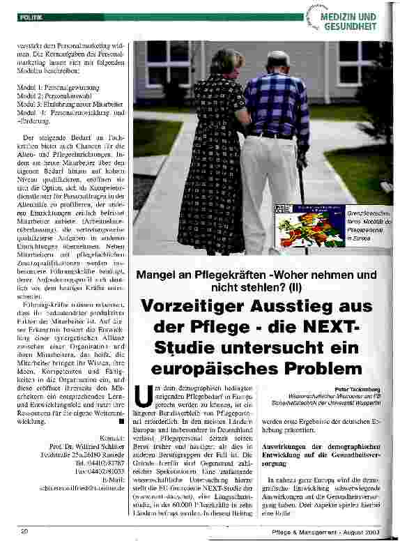 Vorschauseite 1: Vorzeitiger Ausstieg aus der Pflege - die NEXT-Studie untersucht ein europäisches Problem Mangel an Pflegekräften - Woher nehmen und nicht stehlen? (II)