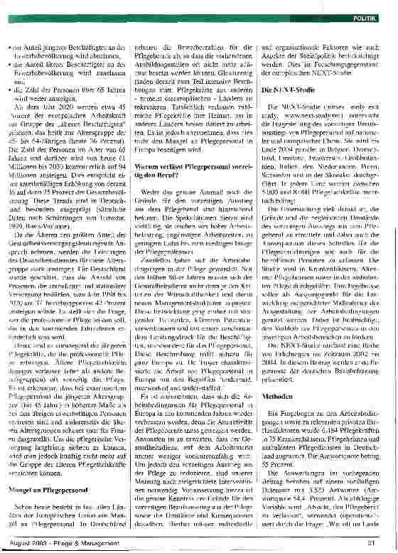 Vorschauseite 2: Vorzeitiger Ausstieg aus der Pflege - die NEXT-Studie untersucht ein europäisches Problem Mangel an Pflegekräften - Woher nehmen und nicht stehlen? (II)
