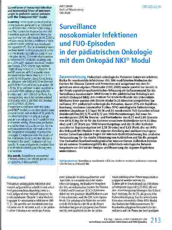 Vorschauseite 1: Surveillance nosokomialer Infektionen und FUO-Episoden in der pädiatrischen Onkologie mit dem Onkopäd NKI Modul