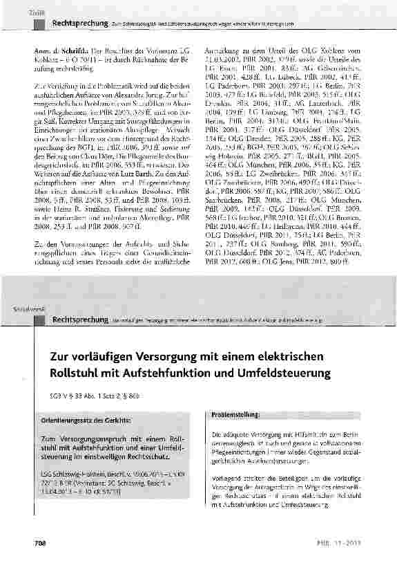 Vorschauseite 1: Zur vorläufigen Versorgung mit einem elektrischen Rollstuhl mit Aufstehfunktion und Umfeldsteuerung SGBV§ 33 Abs. 1 Satz 2, § 86b