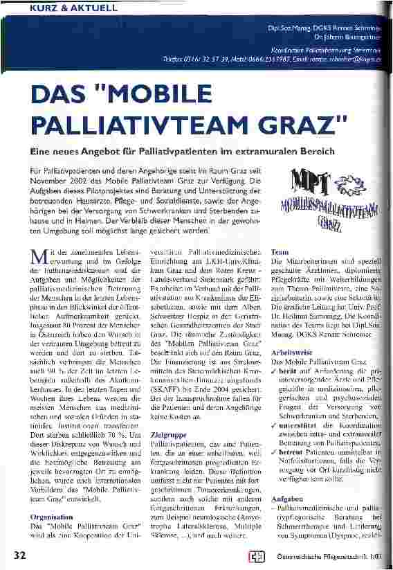 Vorschauseite 1: Das Mobile Palliativteam Graz Ein neues Angebot für Palliativpatienten im extramuralen Bereich