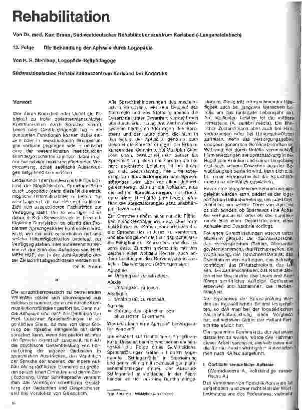 Vorschauseite 1: Rehabilitation 13.Folge: Die Behandlung der Aphasie durch Logopädie