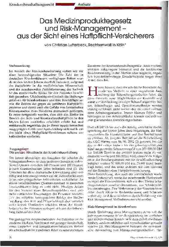 Vorschauseite 1: Das Medizinproduktegesetz und Risk-Management - aus der Sicht eines Haftpflicht-Versicherers