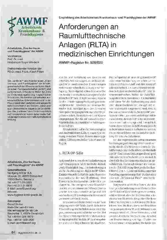 Vorschauseite 1: Anforderungen an Raumlufttechnische Anlagen (RLTA) in medizinischen Einrichtungen