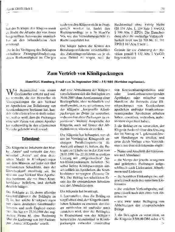 Vorschauseite 1: Zum Vertrieb von Klinikpackungen HansOLG Hamburg, Urteil vom 26. September 2002
