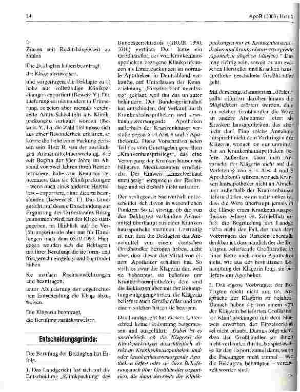 Vorschauseite 2: Zum Vertrieb von Klinikpackungen HansOLG Hamburg, Urteil vom 26. September 2002