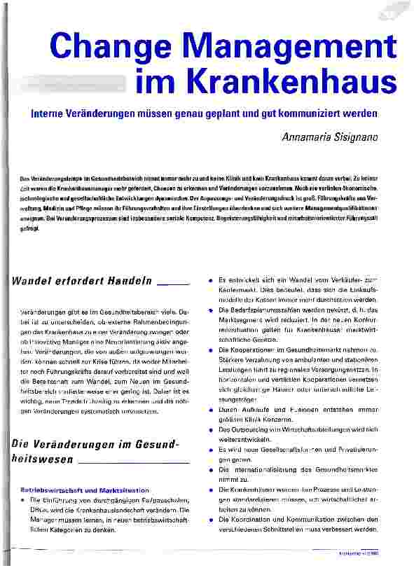 Vorschauseite 1: Change Management im Krankenhaus Interne Veränderungen müssen genau geplant und gut kommuniziert werden