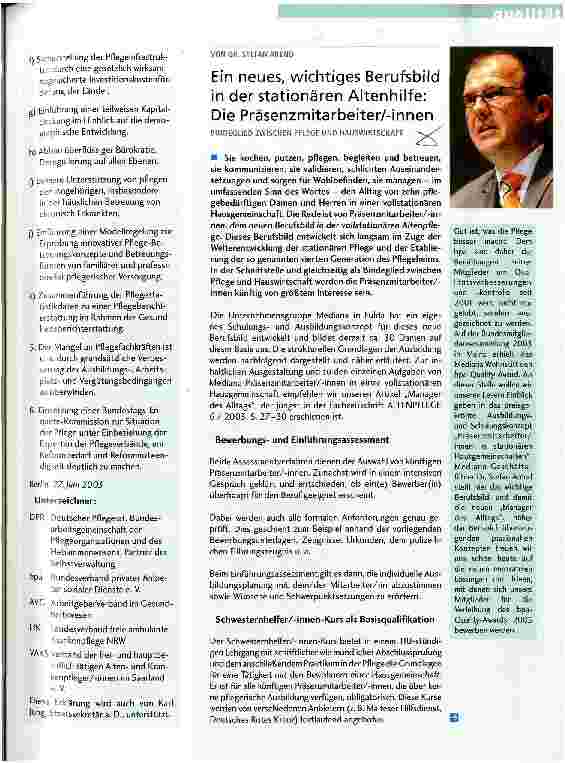 Vorschauseite 1: Ein neues, wichtiges Berufsbild in der stationären Altenhilfe: Die Präsenzmitarbeiter/-innen