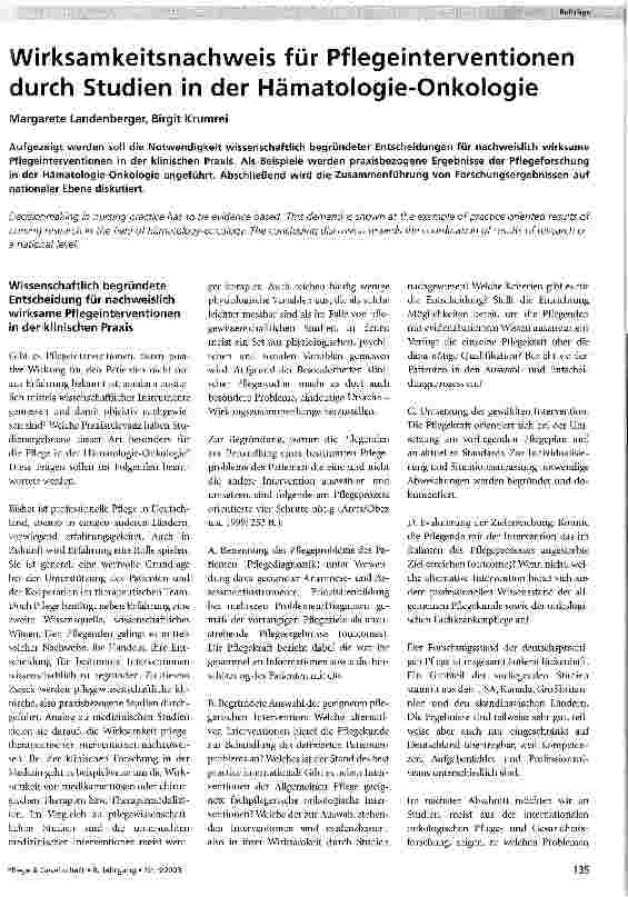 Vorschauseite 1: Wirksamkeitsnachweis für Pflegeinterventionen durch Studien in der Hämatologie-Onkologie