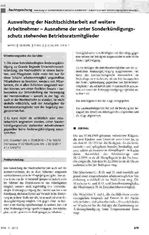 Vorschauseite 1: Ausweitung der Nachtschichtarbeit auf weitere Arbeitnehmer - Ausnahme der unter Sonderkündigungsschutz stehenden Betriebsratsmitglieder BetrVG § 78; KSchG § 1 Abs. 2, § 2; CG Art.…