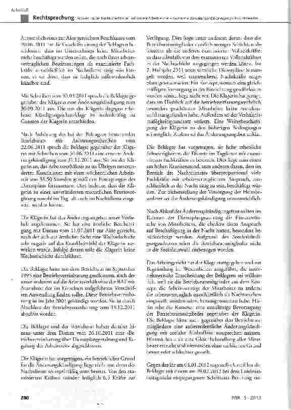 Vorschauseite 2: Ausweitung der Nachtschichtarbeit auf weitere Arbeitnehmer - Ausnahme der unter Sonderkündigungsschutz stehenden Betriebsratsmitglieder BetrVG § 78; KSchG § 1 Abs. 2, § 2; CG Art.…