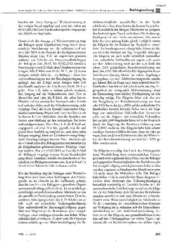 Vorschauseite 3: Ausweitung der Nachtschichtarbeit auf weitere Arbeitnehmer - Ausnahme der unter Sonderkündigungsschutz stehenden Betriebsratsmitglieder BetrVG § 78; KSchG § 1 Abs. 2, § 2; CG Art.…