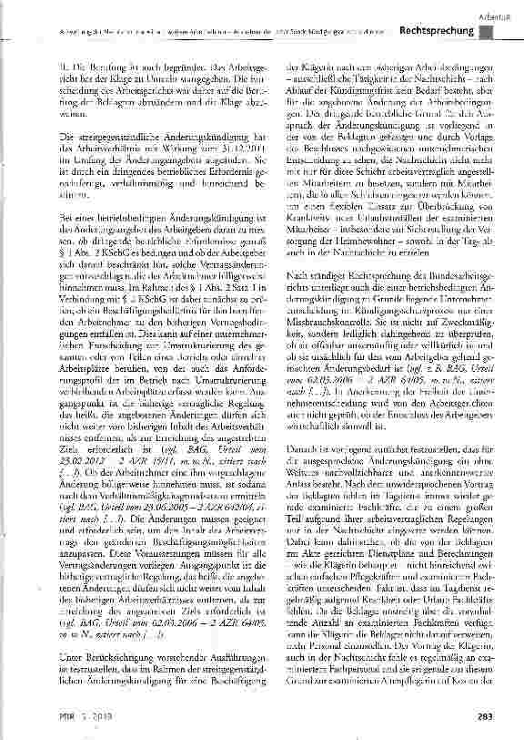 Vorschauseite 5: Ausweitung der Nachtschichtarbeit auf weitere Arbeitnehmer - Ausnahme der unter Sonderkündigungsschutz stehenden Betriebsratsmitglieder BetrVG § 78; KSchG § 1 Abs. 2, § 2; CG Art.…