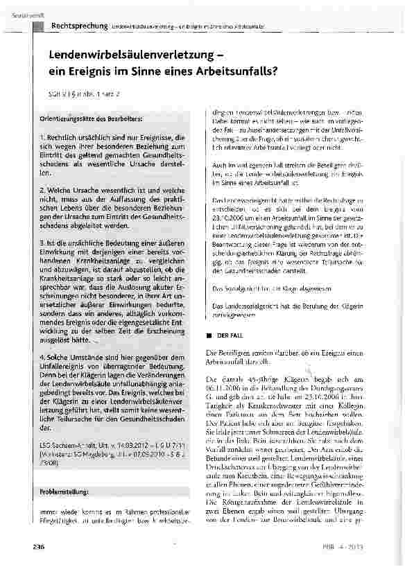 Vorschauseite 1: Lendenwirbelsäulenverletzung - ein Ereignis im Sinne eines Arbeitsunfalls? SGB VII 5 8 Abs. 1 Satz 2