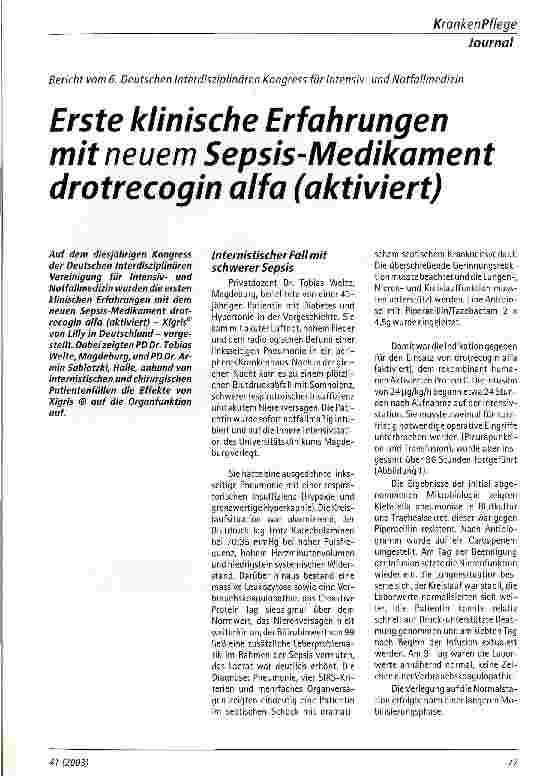 Vorschauseite 1: Erste klinische Erfahrungen mit neuem Sepsis-Medikament drotrecogin alfa (aktiviert)