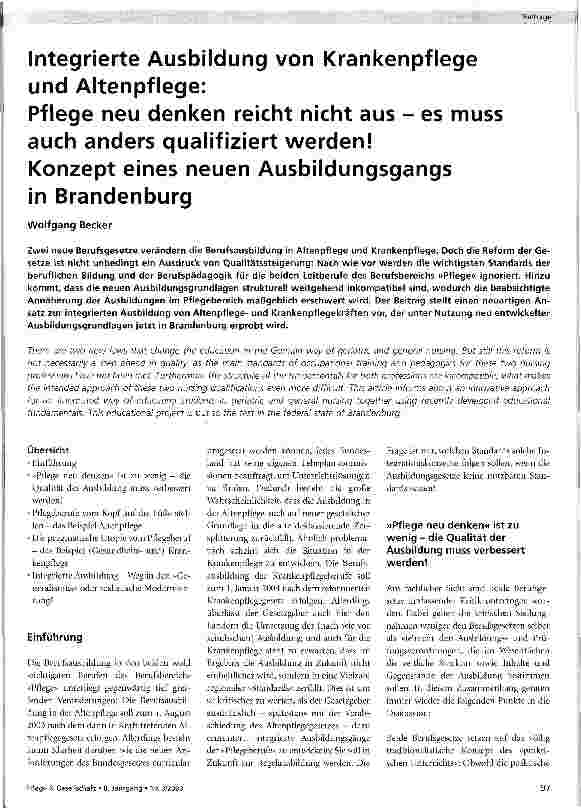 Vorschauseite 1: Integrierte Ausbildung von Krankenpflege und Altenpflege: Pflege neu denken reicht nicht aus - es muss auch anders qualifiziert werden!