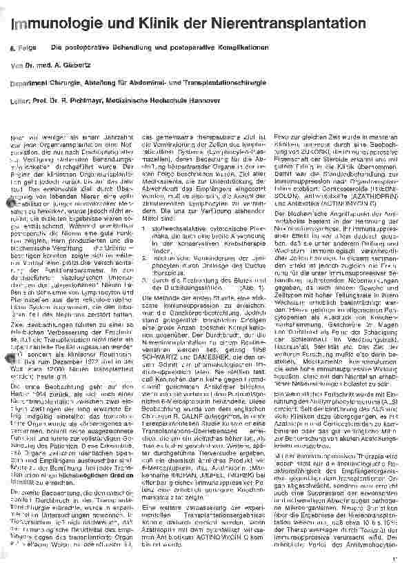 Vorschauseite 1: Immunologie und Klinik der Nierentransplantation 6.Folge: Die postoperative Behandlung und postoperative Komplikationen
