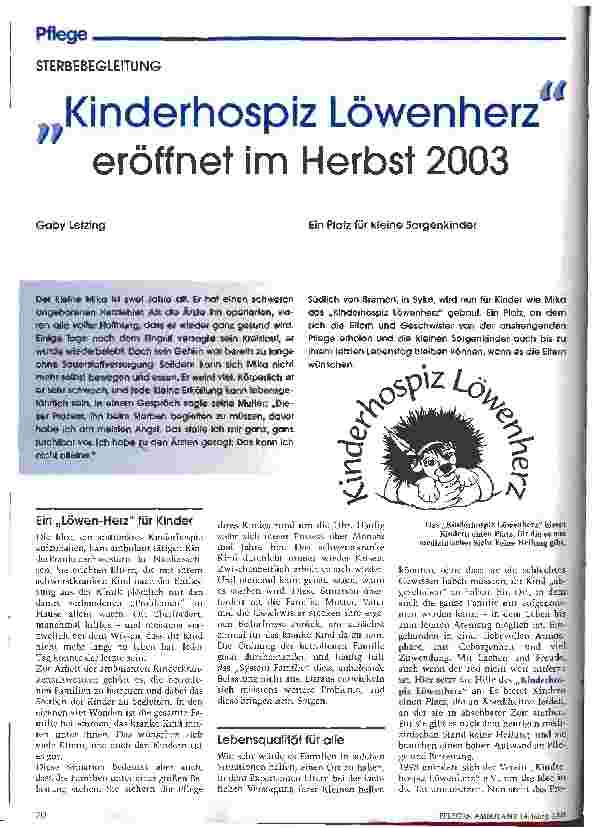 Vorschauseite 1: Kinderhospiz Löwenherz eröffnet im Herbst 2003