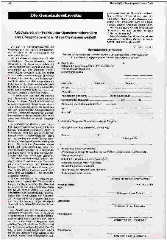 Vorschauseite 1: Arbeitskreis der Frankfurter Gemeindeschwestern Der Übergabebericht wird zur Diskussion gestellt