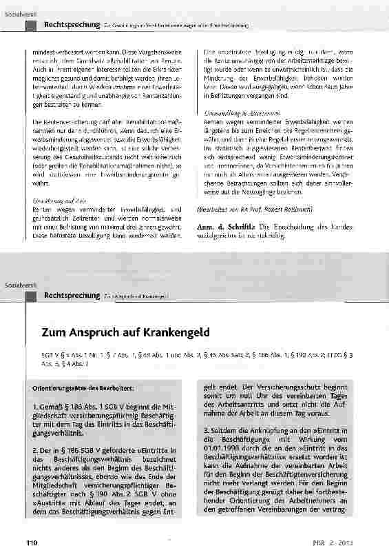Vorschauseite 1: Zum Anspruch auf Krankengeld SGB V § 5 Abs. 1 Nr. 1, § 7 Abs. 1, § 44 Abs. 1 und Abs. 2, § 46 Abs. Satz 2, § 186 Abs. 1, § 190 Abs. 2; EFZG § 3 Abs. 3, § 4 Abs. 1