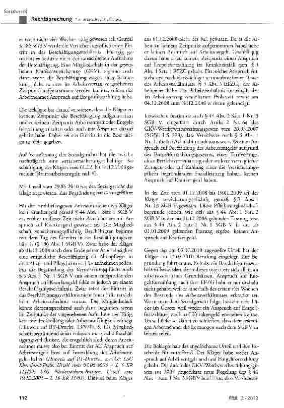Vorschauseite 3: Zum Anspruch auf Krankengeld SGB V § 5 Abs. 1 Nr. 1, § 7 Abs. 1, § 44 Abs. 1 und Abs. 2, § 46 Abs. Satz 2, § 186 Abs. 1, § 190 Abs. 2; EFZG § 3 Abs. 3, § 4 Abs. 1