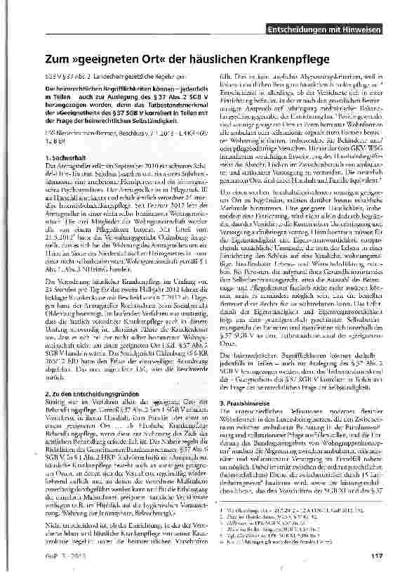 Vorschauseite 1: Zum »geeigneten Ort« der häuslichen Krankenpflege SGB V § 37 Abs. 2; Landesheimgesetzliche Regelungen