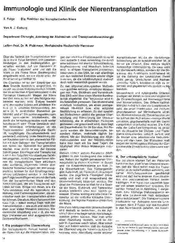 Vorschauseite 1: Immunologie und Klinik der Nierentransplantation 5.Folge: Die Funktion der transplantierten Niere