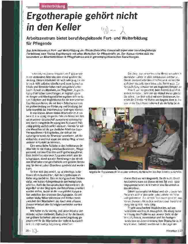 Vorschauseite 1: Ergotherapie gehört nicht in den Keller Arbeitszentrum bietet berufsbegleitende Fortund Weiterbildung