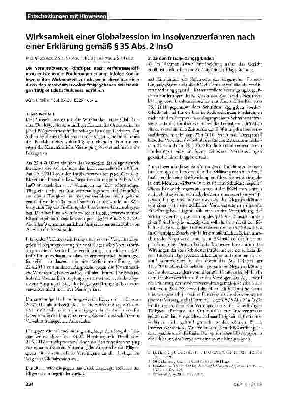 Vorschauseite 1: Wirksamkeit einer Globalzession im Insolvenzverfahren nach einer Erklärung gemäß § 35 Abs. 2 InsO lnsO§§35Abs. 2S. 1, 91 Abs. 1; BGB § 185 Abs. 2 S. 1 Fall 2