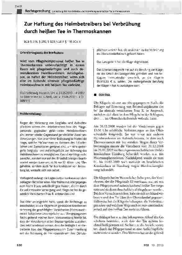 Vorschauseite 1: Zur Haftung des Heimbetreibers bei Verbrühung durch heißen Tee in Thermoskannen BGB§ 278, § 280, § 823; SGB X § 116SGBX