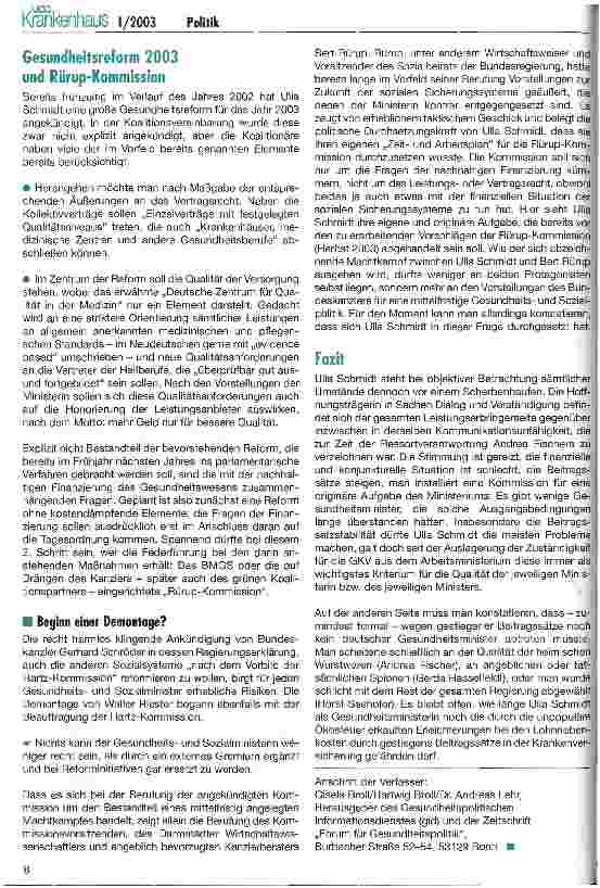 Vorschauseite 4: Gesundheitspolitik als Scherbenhaufen? Rückblick auf das Jahr 2002 und Ausblick auf eine weiters Reformjahr