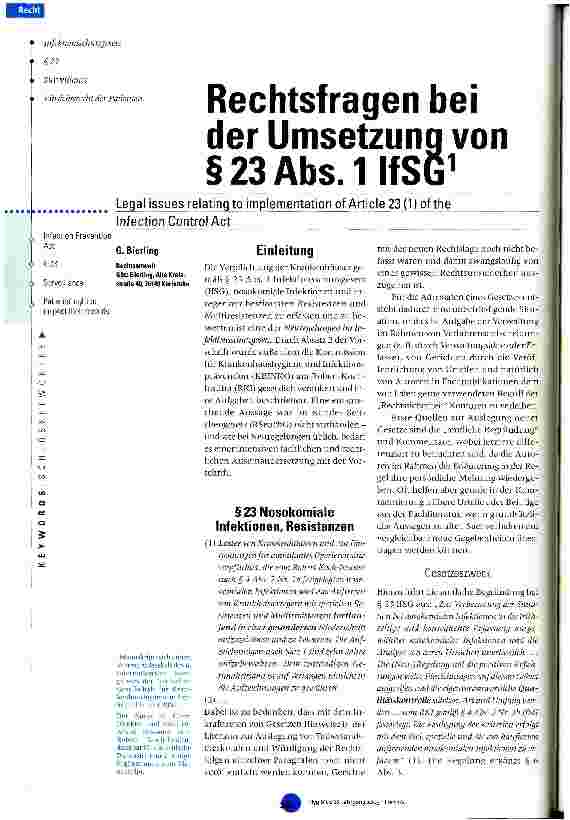Vorschauseite 1: Rechtsfragen bei der Umsetzung von § 23 Abs. 1 IfSG