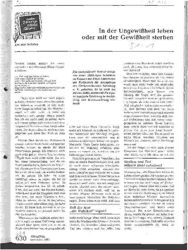 Vorschauseite 1: In der Ungewißheit leben oder mit der Gewißheit sterben
