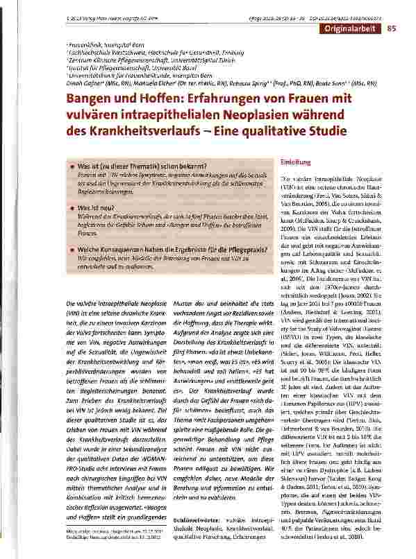 Vorschauseite 1: Bangen und Hoffen: Erfahrungen von Frauen mit vulvären intraepithelialen Neoplasien während des Krankheitsverlaufs - Eine qualitative Studie
