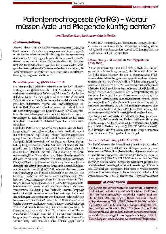Vorschauseite 1: Patientenrechtegesetz (PatRG) - Worauf müssen Ärzte und Pflegende künftig achten?