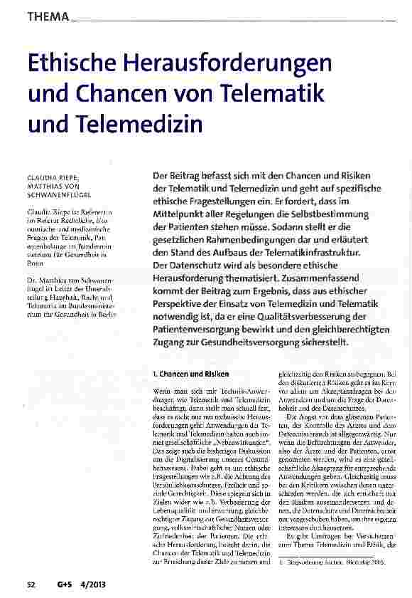 Vorschauseite 1: Ethische Herausforderungen und Chancen von Telematik und Telemedizin