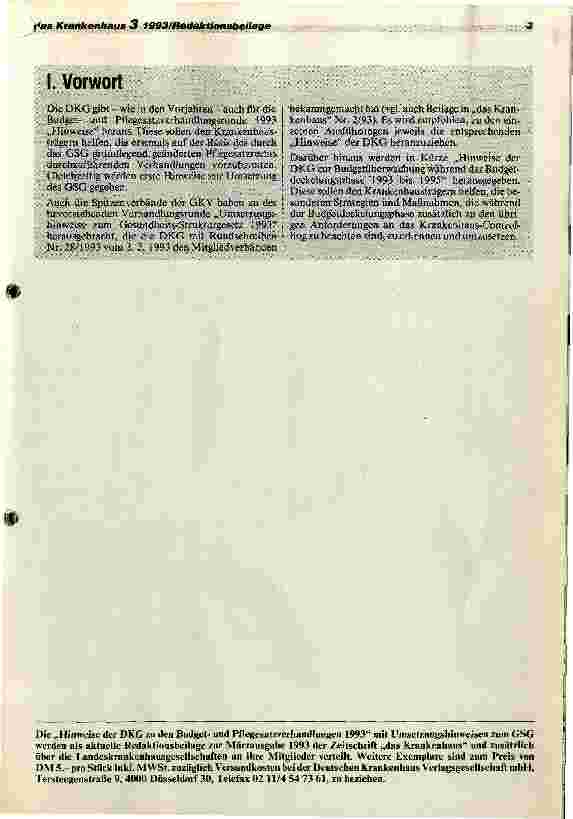 Vorschauseite 3: Hinweise der DKG zu den Budgetund Pflegesatzverhandlungen 1993 sowie zur Umsetzung des GesundheitsStrukturGesetzes m. Berechnungsschemata