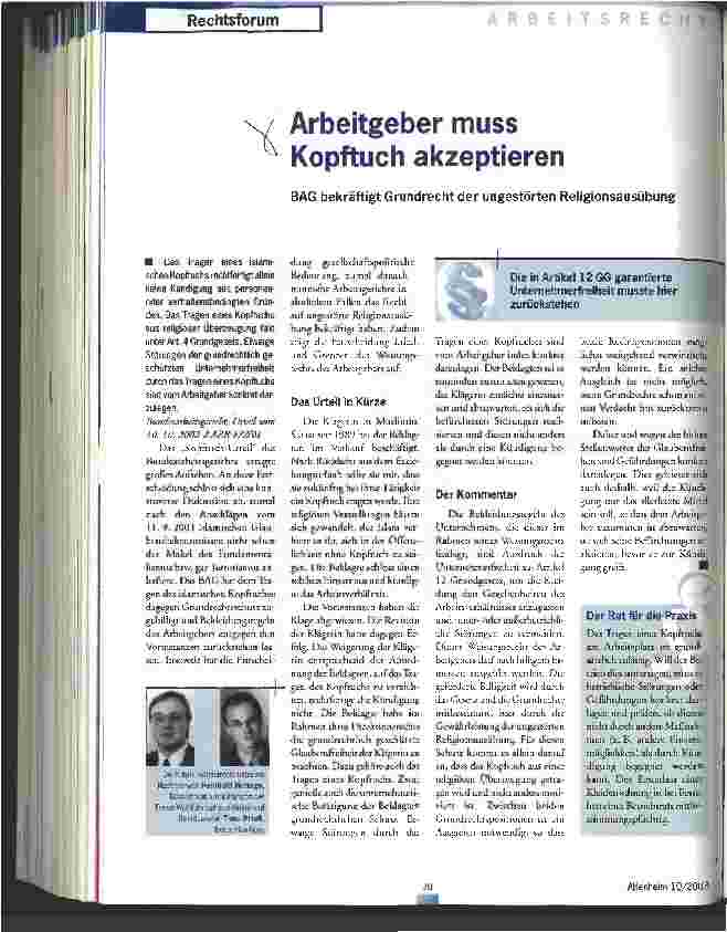 Vorschauseite 1: Arbeitgeber muss Kopftuch akzeptieren