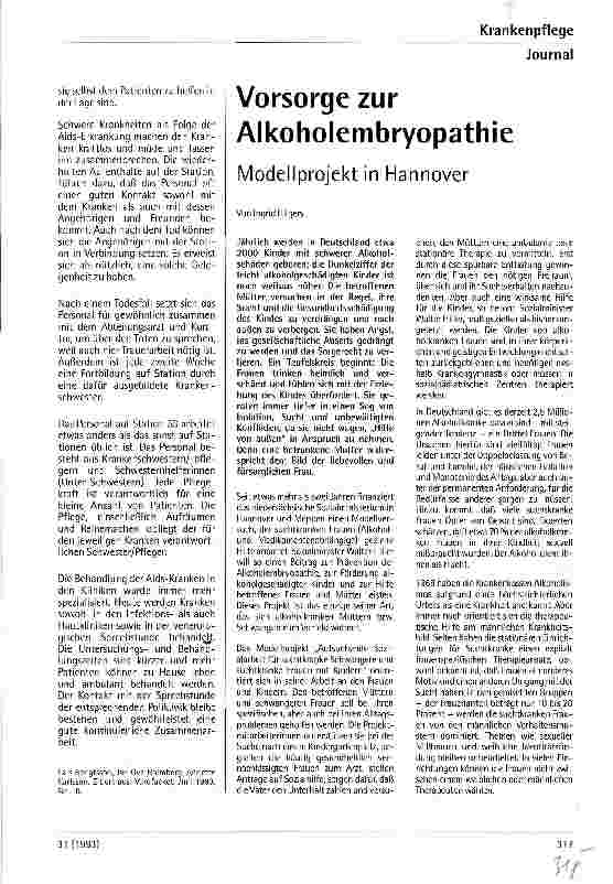 Vorschauseite 1: Vorsorge zur Alkoholembryopathie Modellprojekt in Hannover