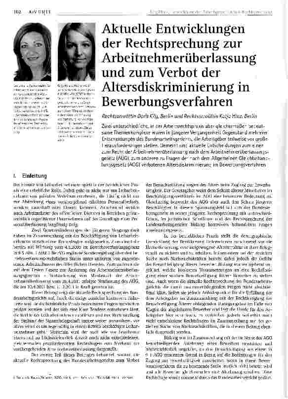Vorschauseite 1: Aktuelle Entwicklungen der Rechtsprechung zur Arbeitnehmerüberlassung und zum Verbot der Altersdiskriminierung in Bewerbungsverfahren
