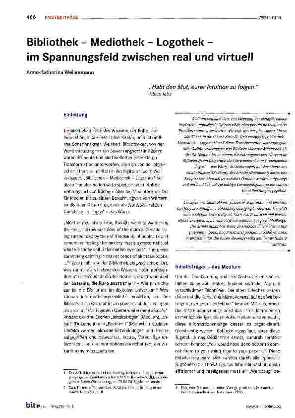 Vorschauseite 1: Bibliothek - Mediothek - Logothek - im Spannungsfeld zwischen real und virtuell