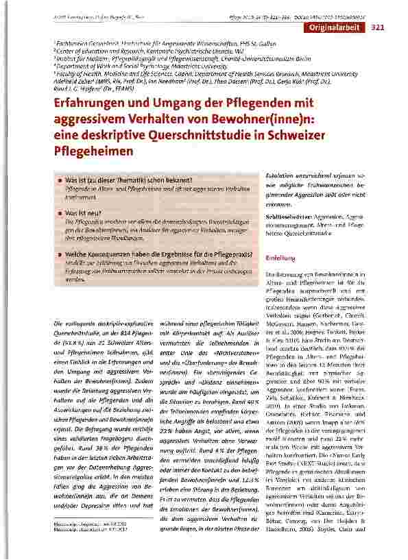 Vorschauseite 1: Erfahrungen und Umgang der Pflegenden mit aggressivem Verhalten von Bewohner(inne)n: eine deskriptive Ouerschnittstudie in Schweizer Pflegeheimen