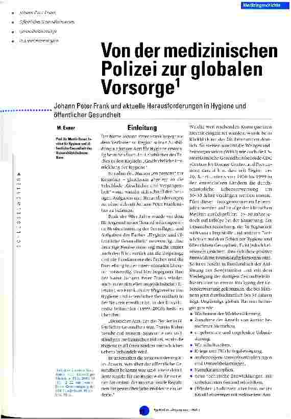 Vorschauseite 1: Von der medizinischen Polizei zur globalen Vorsorge Johann Peter Frank und aktuelle Herausforderungen in Hygiene und öffentlicher Gesundheit