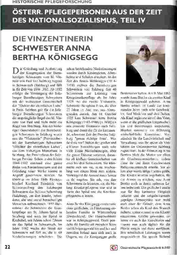 Vorschauseite 1: Österr. Pflegepersonen aus der Zeit des Nationalsozialismus, Teil IV Die Vinzentinerin Schwester Anna Bertha Königsegg