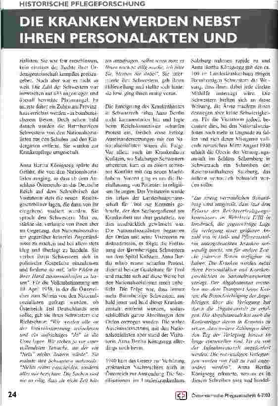 Vorschauseite 3: Österr. Pflegepersonen aus der Zeit des Nationalsozialismus, Teil IV Die Vinzentinerin Schwester Anna Bertha Königsegg